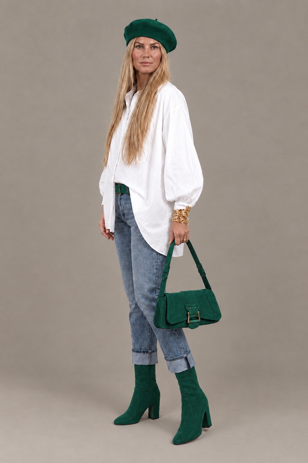 Women's emerald green inside-zip ankle boots with round toe and high block heel - Top view